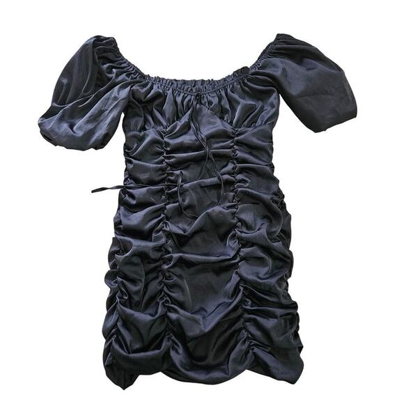 Mable Dresses & Skirts - Mable Black Ruched Mini Dress Off Shoulder Puff Short Sleeves Size Small.